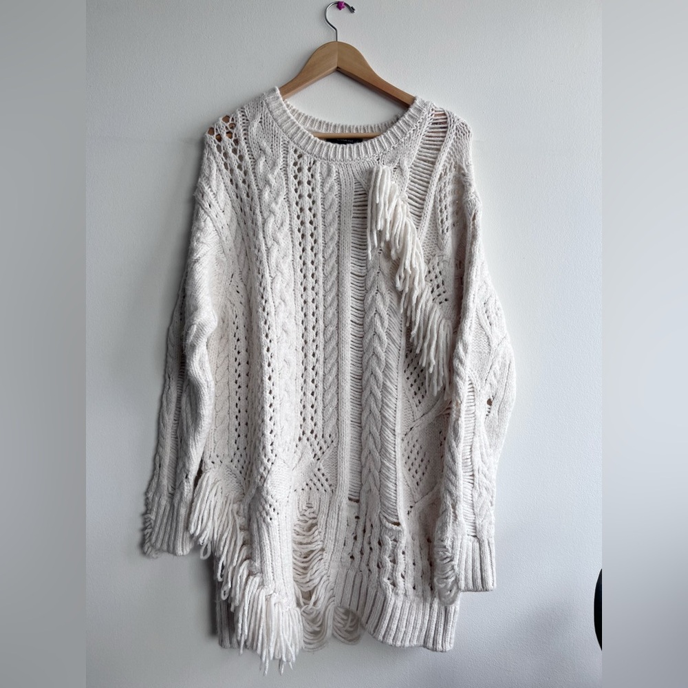 Zara Cream Open-Knit Fringe Sweater